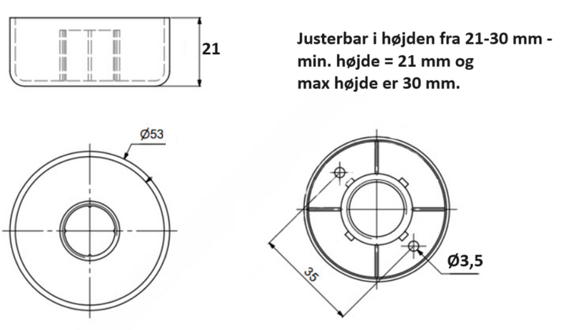 Plastikfod justerbar Ø53x21 mm t/påskruning, beige